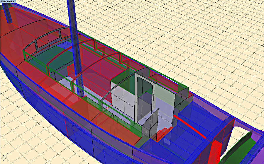 Tad Robert's Laura Cove 28 scow schooner sailboat - interior drawing