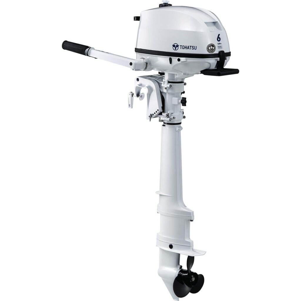 Tohatsu 6HP Sail Pro outboard. Good choice for a $2k propulsion system